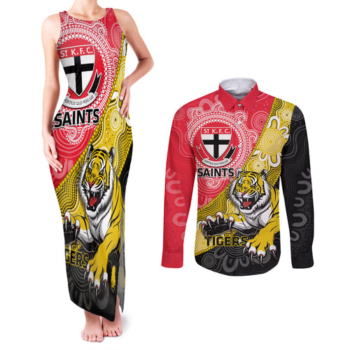Personalised Richmond And St Kilda Football Couples Matching Tank Maxi Dress and Long Sleeve Button Shirt Tigers Saints Together Aboriginal Art