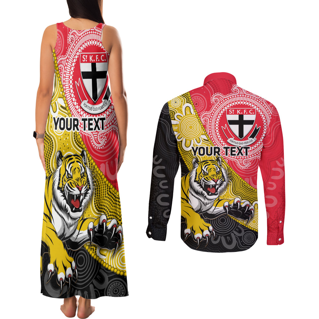 Personalised Richmond And St Kilda Football Couples Matching Tank Maxi Dress and Long Sleeve Button Shirt Tigers Saints Together Aboriginal Art