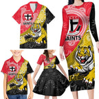 Personalised Richmond And St Kilda Football Family Matching Long Sleeve Bodycon Dress and Hawaiian Shirt Tigers Saints Together Aboriginal Art