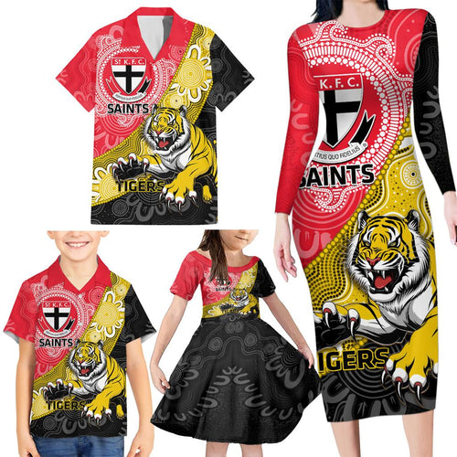 Personalised Richmond And St Kilda Football Family Matching Long Sleeve Bodycon Dress and Hawaiian Shirt Tigers Saints Together Aboriginal Art