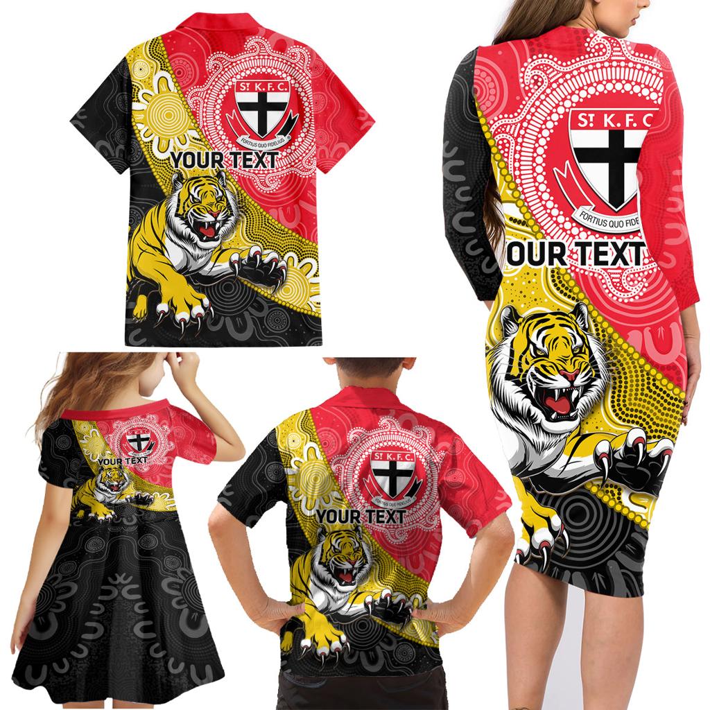 Personalised Richmond And St Kilda Football Family Matching Long Sleeve Bodycon Dress and Hawaiian Shirt Tigers Saints Together Aboriginal Art