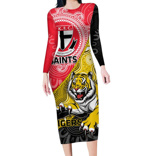 Personalised Richmond And St Kilda Football Family Matching Long Sleeve Bodycon Dress and Hawaiian Shirt Tigers Saints Together Aboriginal Art