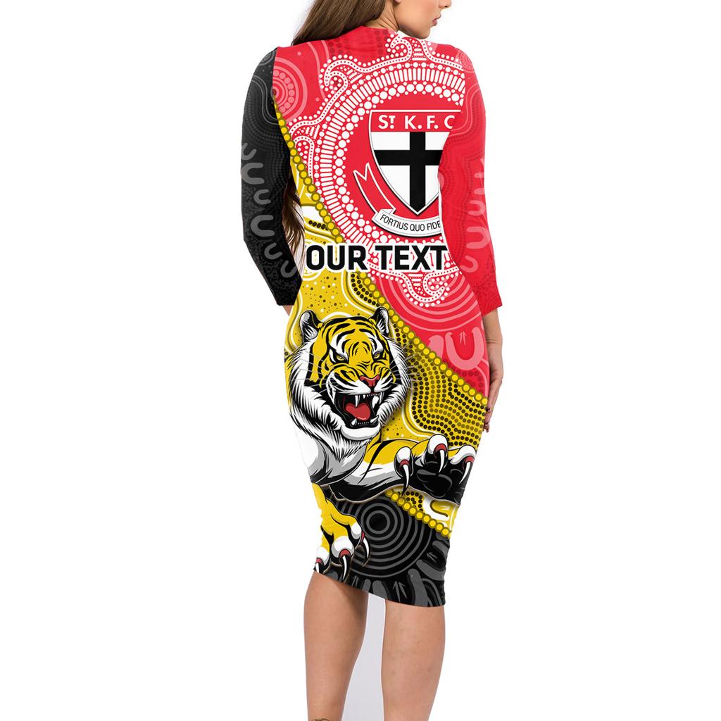 Personalised Richmond And St Kilda Football Family Matching Long Sleeve Bodycon Dress and Hawaiian Shirt Tigers Saints Together Aboriginal Art