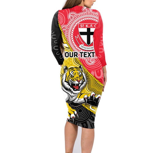 Personalised Richmond And St Kilda Football Family Matching Long Sleeve Bodycon Dress and Hawaiian Shirt Tigers Saints Together Aboriginal Art