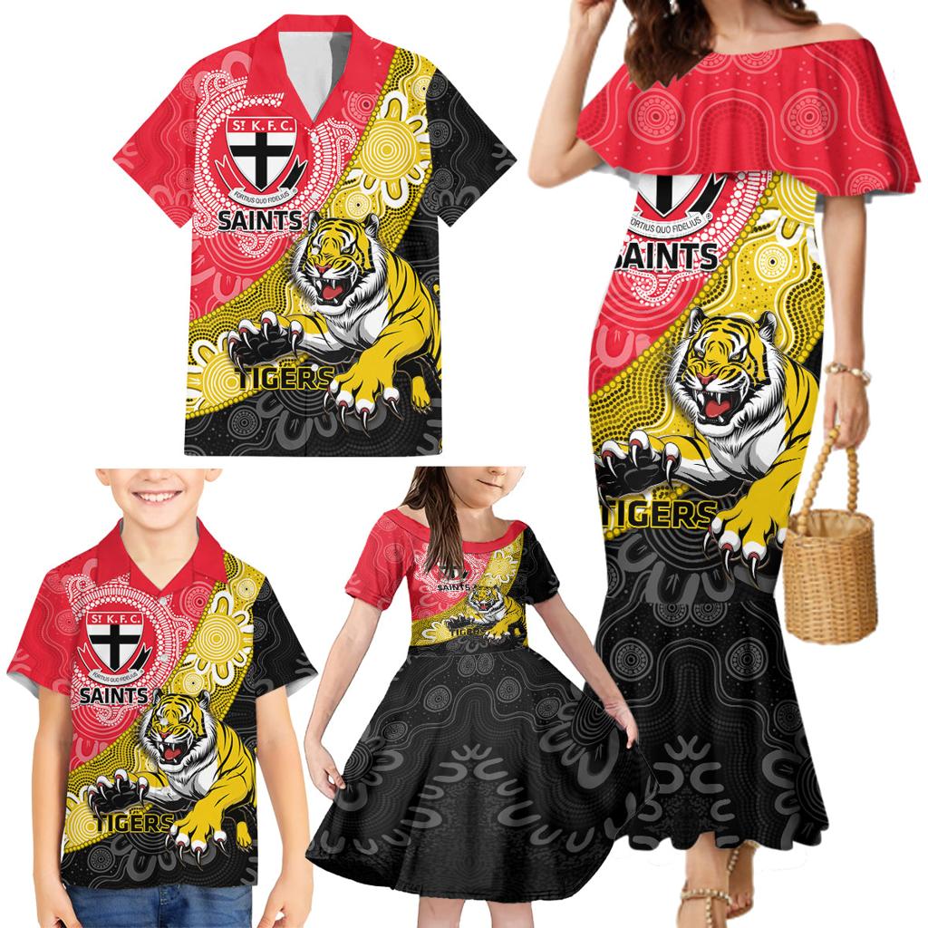 Personalised Richmond And St Kilda Football Family Matching Mermaid Dress and Hawaiian Shirt Tigers Saints Together Aboriginal Art