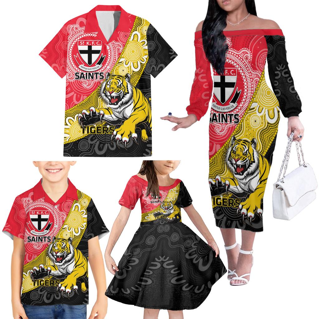 Personalised Richmond And St Kilda Football Family Matching Off The Shoulder Long Sleeve Dress and Hawaiian Shirt Tigers Saints Together Aboriginal Art