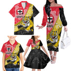 Personalised Richmond And St Kilda Football Family Matching Off The Shoulder Long Sleeve Dress and Hawaiian Shirt Tigers Saints Together Aboriginal Art