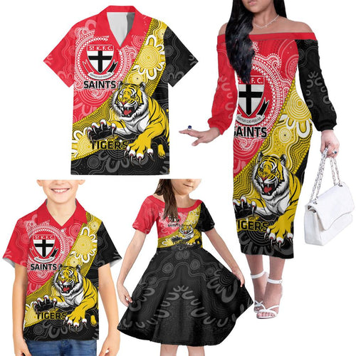 Personalised Richmond And St Kilda Football Family Matching Off The Shoulder Long Sleeve Dress and Hawaiian Shirt Tigers Saints Together Aboriginal Art