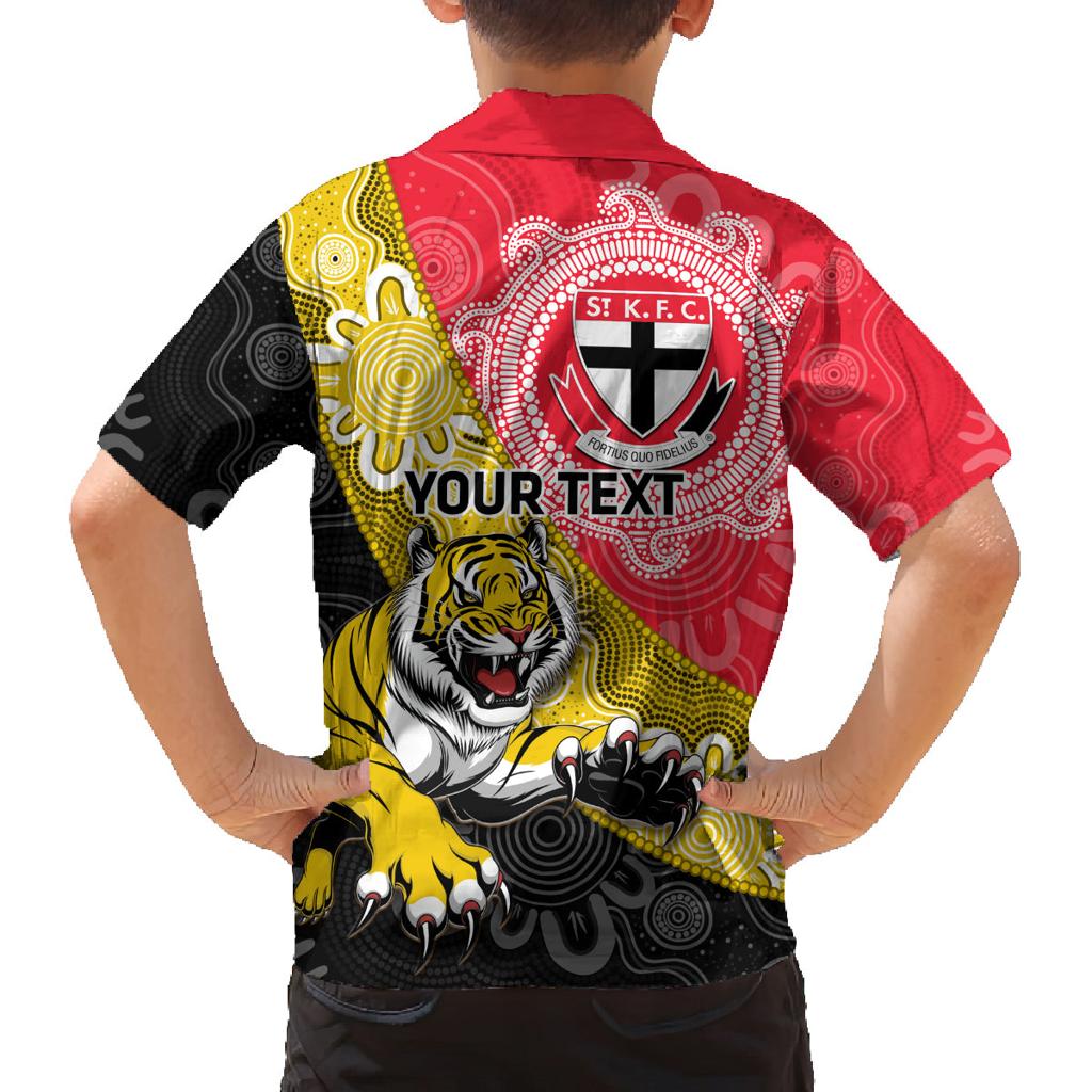 Personalised Richmond And St Kilda Football Family Matching Off The Shoulder Long Sleeve Dress and Hawaiian Shirt Tigers Saints Together Aboriginal Art