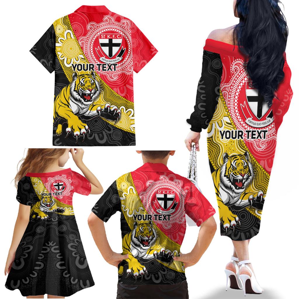 Personalised Richmond And St Kilda Football Family Matching Off The Shoulder Long Sleeve Dress and Hawaiian Shirt Tigers Saints Together Aboriginal Art
