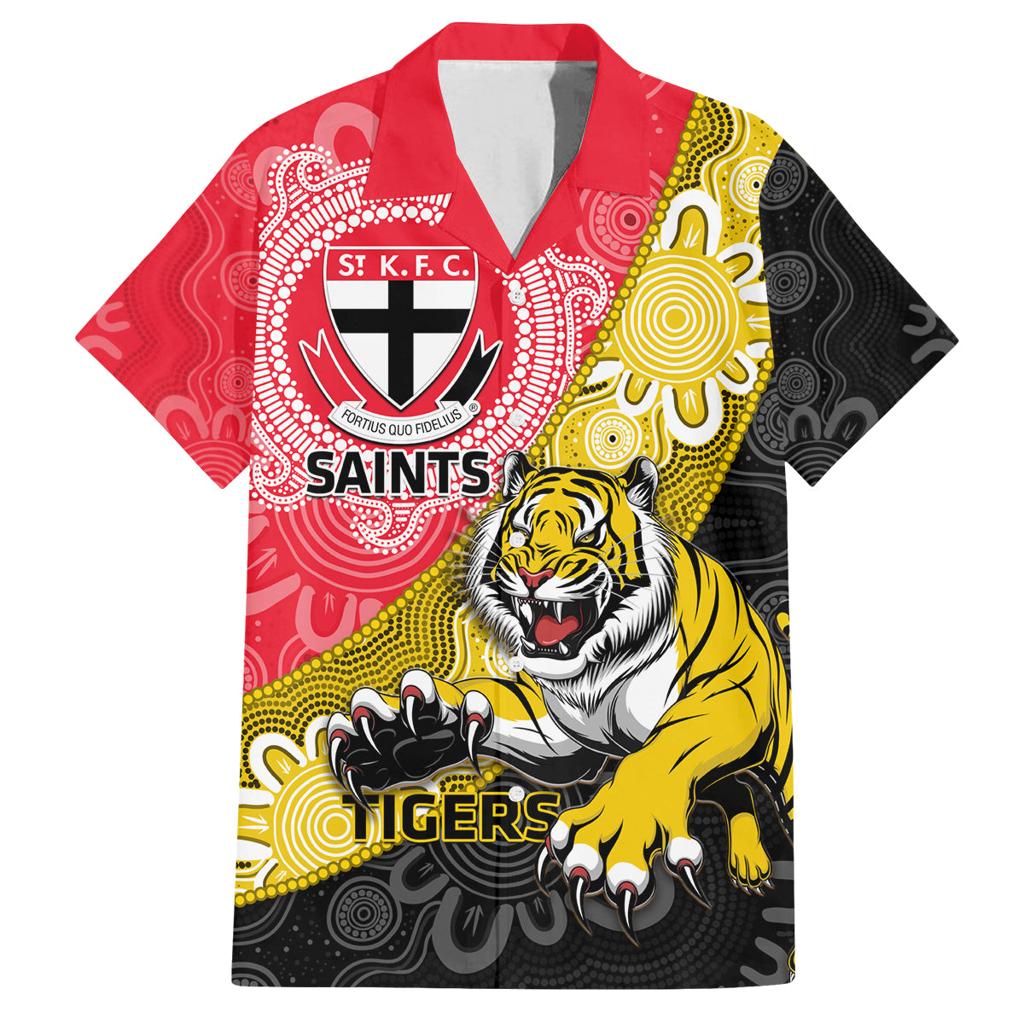 Personalised Richmond And St Kilda Football Family Matching Off The Shoulder Long Sleeve Dress and Hawaiian Shirt Tigers Saints Together Aboriginal Art