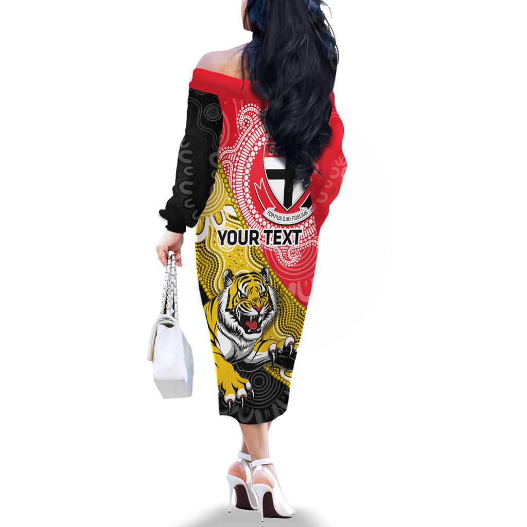 Personalised Richmond And St Kilda Football Family Matching Off The Shoulder Long Sleeve Dress and Hawaiian Shirt Tigers Saints Together Aboriginal Art