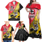 Personalised Richmond And St Kilda Football Family Matching Off Shoulder Maxi Dress and Hawaiian Shirt Tigers Saints Together Aboriginal Art