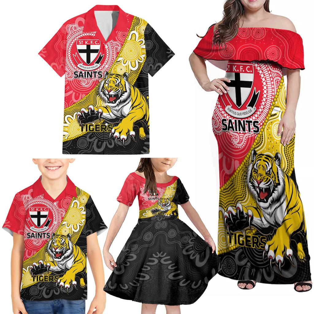 Personalised Richmond And St Kilda Football Family Matching Off Shoulder Maxi Dress and Hawaiian Shirt Tigers Saints Together Aboriginal Art