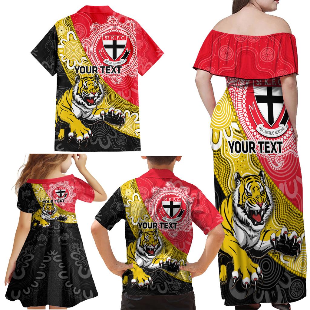 Personalised Richmond And St Kilda Football Family Matching Off Shoulder Maxi Dress and Hawaiian Shirt Tigers Saints Together Aboriginal Art