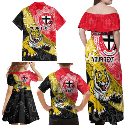Personalised Richmond And St Kilda Football Family Matching Off Shoulder Maxi Dress and Hawaiian Shirt Tigers Saints Together Aboriginal Art