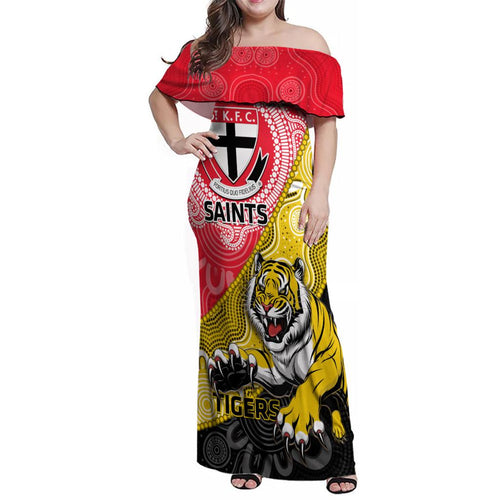 Personalised Richmond And St Kilda Football Family Matching Off Shoulder Maxi Dress and Hawaiian Shirt Tigers Saints Together Aboriginal Art