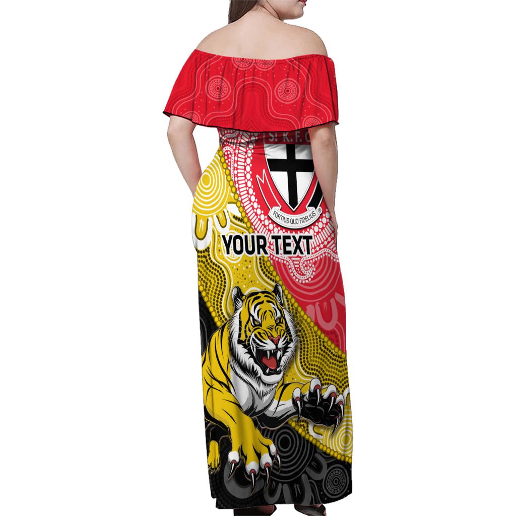 Personalised Richmond And St Kilda Football Family Matching Off Shoulder Maxi Dress and Hawaiian Shirt Tigers Saints Together Aboriginal Art