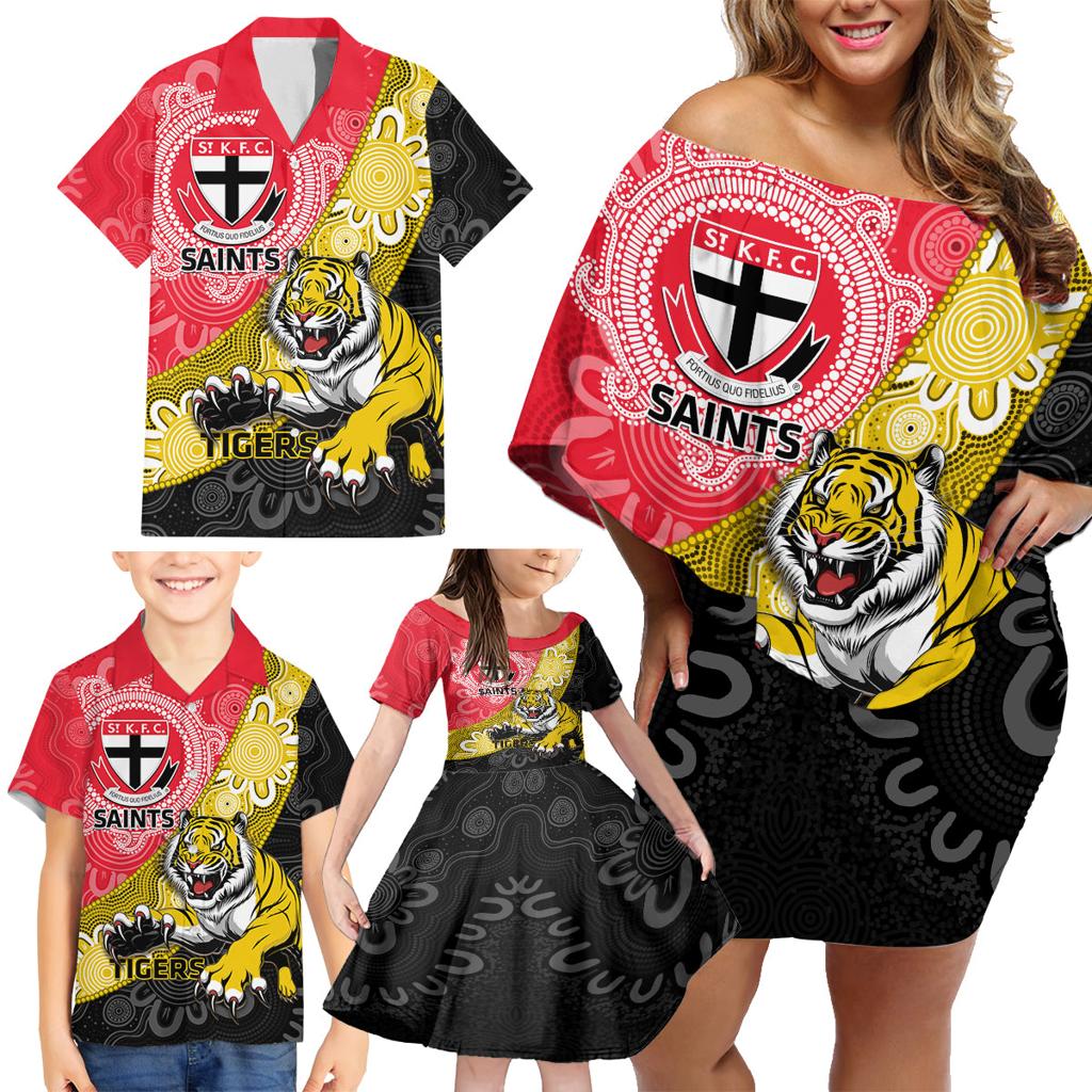 Personalised Richmond And St Kilda Football Family Matching Off Shoulder Short Dress and Hawaiian Shirt Tigers Saints Together Aboriginal Art