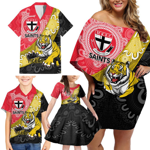 Personalised Richmond And St Kilda Football Family Matching Off Shoulder Short Dress and Hawaiian Shirt Tigers Saints Together Aboriginal Art