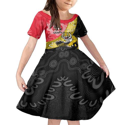 Personalised Richmond And St Kilda Football Family Matching Off Shoulder Short Dress and Hawaiian Shirt Tigers Saints Together Aboriginal Art