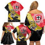 Personalised Richmond And St Kilda Football Family Matching Off Shoulder Short Dress and Hawaiian Shirt Tigers Saints Together Aboriginal Art