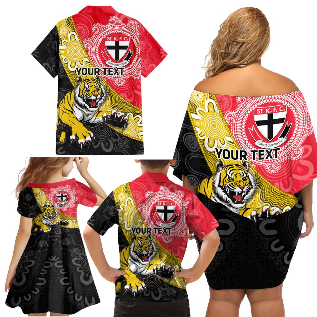 Personalised Richmond And St Kilda Football Family Matching Off Shoulder Short Dress and Hawaiian Shirt Tigers Saints Together Aboriginal Art
