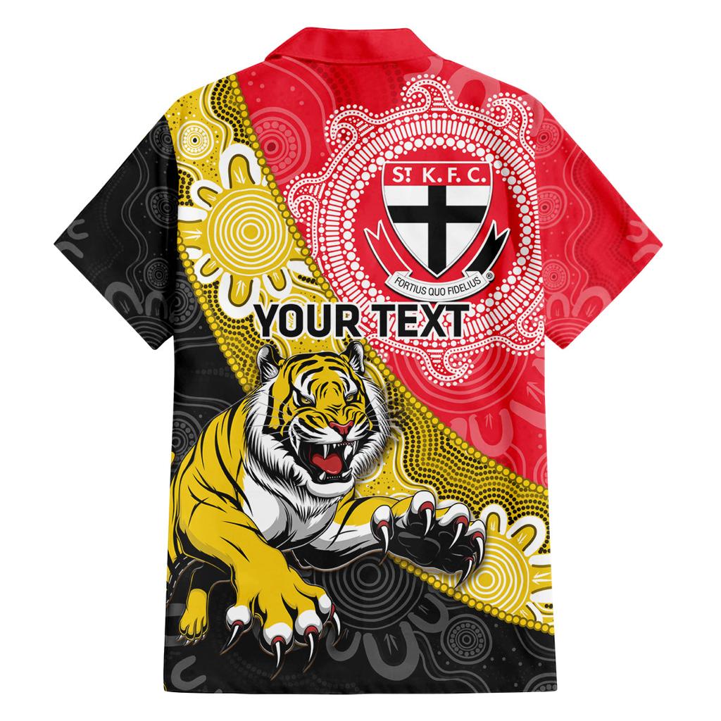 Personalised Richmond And St Kilda Football Family Matching Off Shoulder Short Dress and Hawaiian Shirt Tigers Saints Together Aboriginal Art