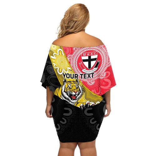 Personalised Richmond And St Kilda Football Family Matching Off Shoulder Short Dress and Hawaiian Shirt Tigers Saints Together Aboriginal Art