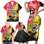 Personalised Richmond And St Kilda Football Family Matching Short Sleeve Bodycon Dress and Hawaiian Shirt Tigers Saints Together Aboriginal Art
