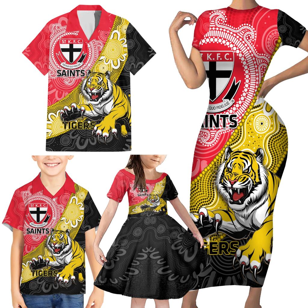 Personalised Richmond And St Kilda Football Family Matching Short Sleeve Bodycon Dress and Hawaiian Shirt Tigers Saints Together Aboriginal Art