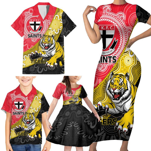 Personalised Richmond And St Kilda Football Family Matching Short Sleeve Bodycon Dress and Hawaiian Shirt Tigers Saints Together Aboriginal Art