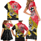 Personalised Richmond And St Kilda Football Family Matching Short Sleeve Bodycon Dress and Hawaiian Shirt Tigers Saints Together Aboriginal Art