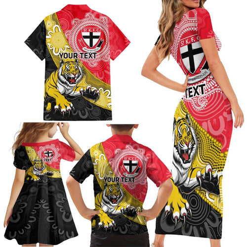Personalised Richmond And St Kilda Football Family Matching Short Sleeve Bodycon Dress and Hawaiian Shirt Tigers Saints Together Aboriginal Art