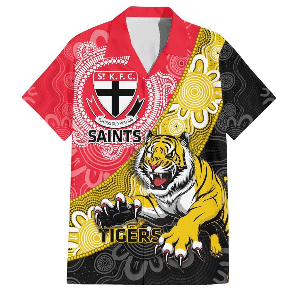 Personalised Richmond And St Kilda Football Family Matching Short Sleeve Bodycon Dress and Hawaiian Shirt Tigers Saints Together Aboriginal Art
