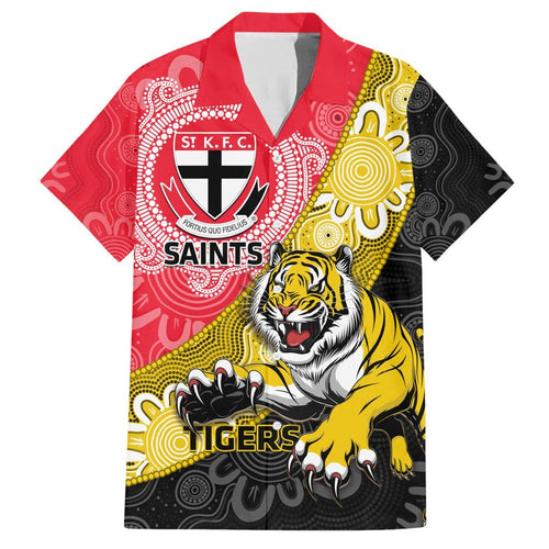 Personalised Richmond And St Kilda Football Family Matching Short Sleeve Bodycon Dress and Hawaiian Shirt Tigers Saints Together Aboriginal Art