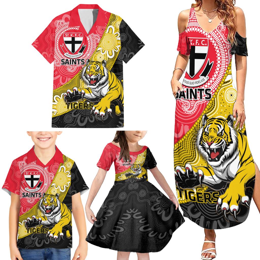 Personalised Richmond And St Kilda Football Family Matching Summer Maxi Dress and Hawaiian Shirt Tigers Saints Together Aboriginal Art