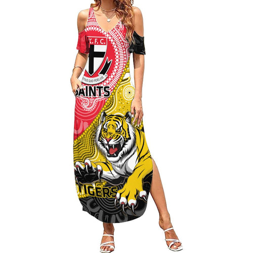 Personalised Richmond And St Kilda Football Family Matching Summer Maxi Dress and Hawaiian Shirt Tigers Saints Together Aboriginal Art