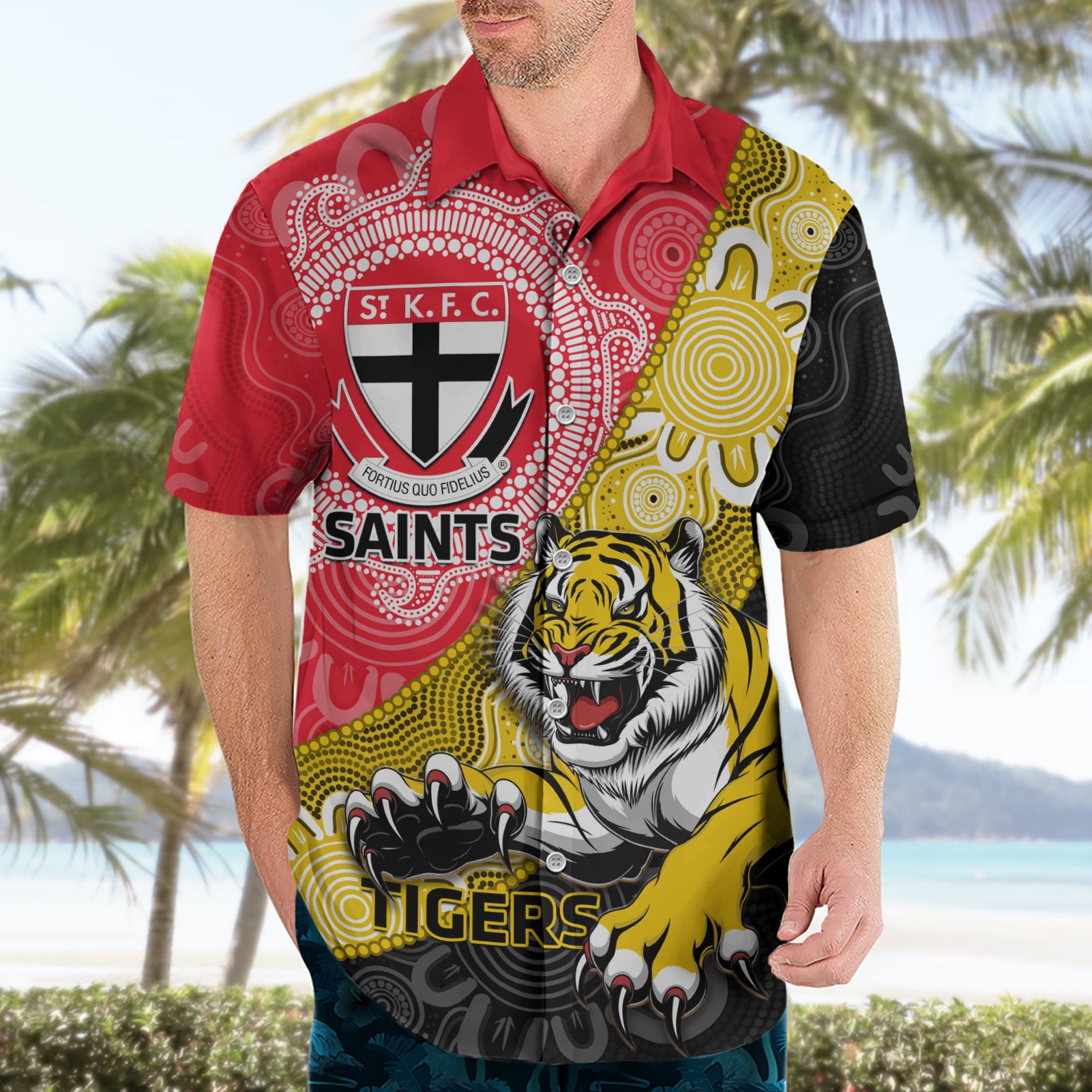 Personalised Richmond And St Kilda Football Hawaiian Shirt Tigers Saints Together Aboriginal Art