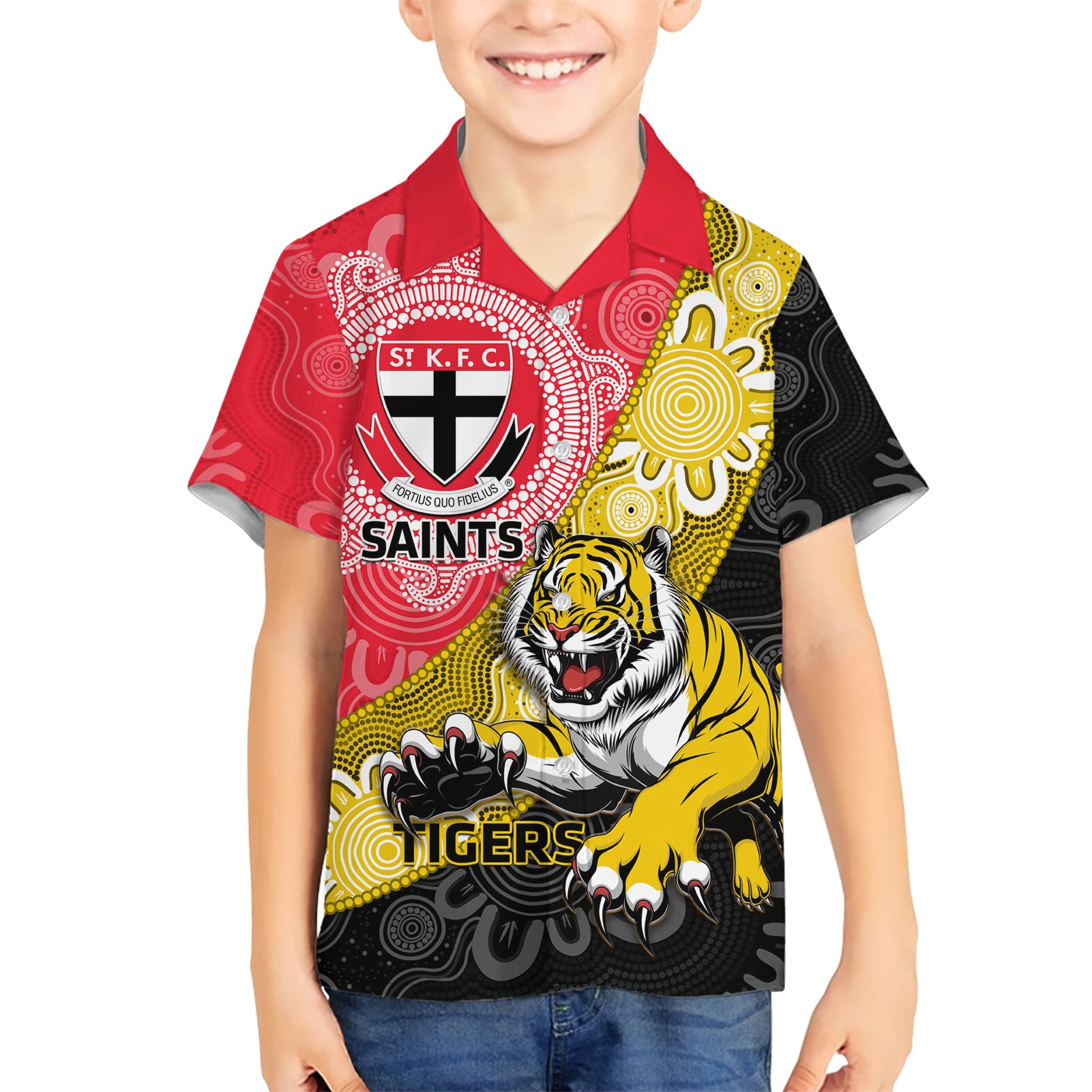 Personalised Richmond And St Kilda Football Kid Hawaiian Shirt Tigers Saints Together Aboriginal Art