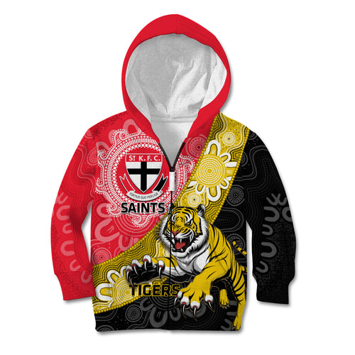 Personalised Richmond And St Kilda Football Kid Hoodie Tigers Saints Together Aboriginal Art