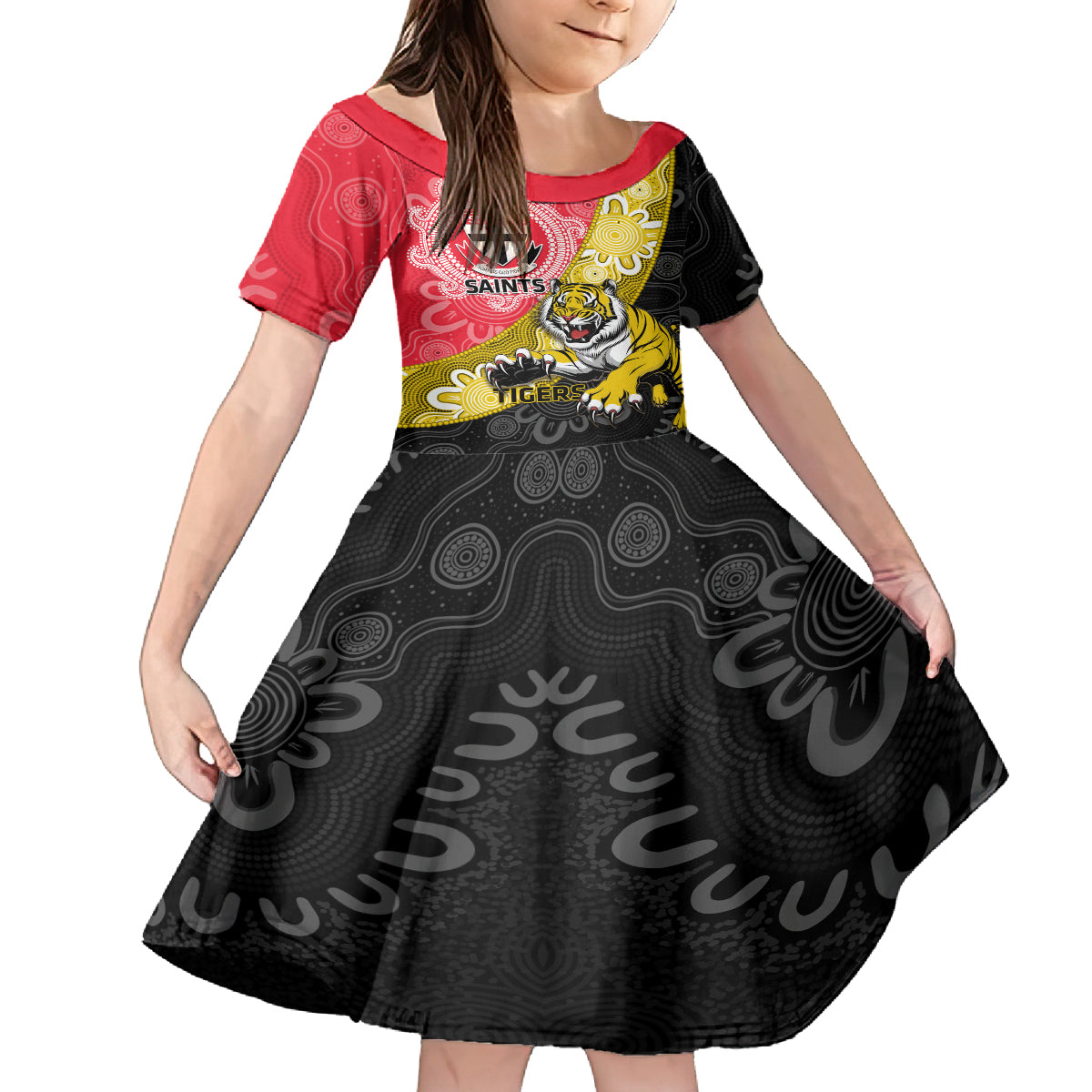 Personalised Richmond And St Kilda Football Kid Short Sleeve Dress Tigers Saints Together Aboriginal Art