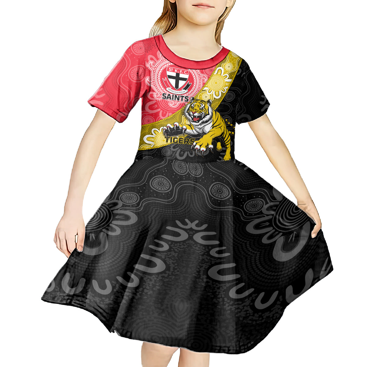 Personalised Richmond And St Kilda Football Kid Short Sleeve Dress Tigers Saints Together Aboriginal Art