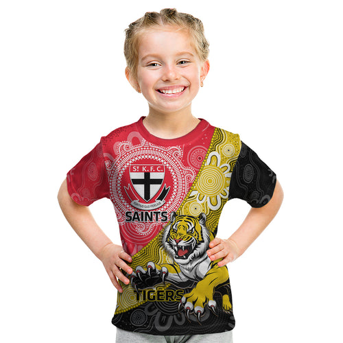 Personalised Richmond And St Kilda Football Kid T Shirt Tigers Saints Together Aboriginal Art
