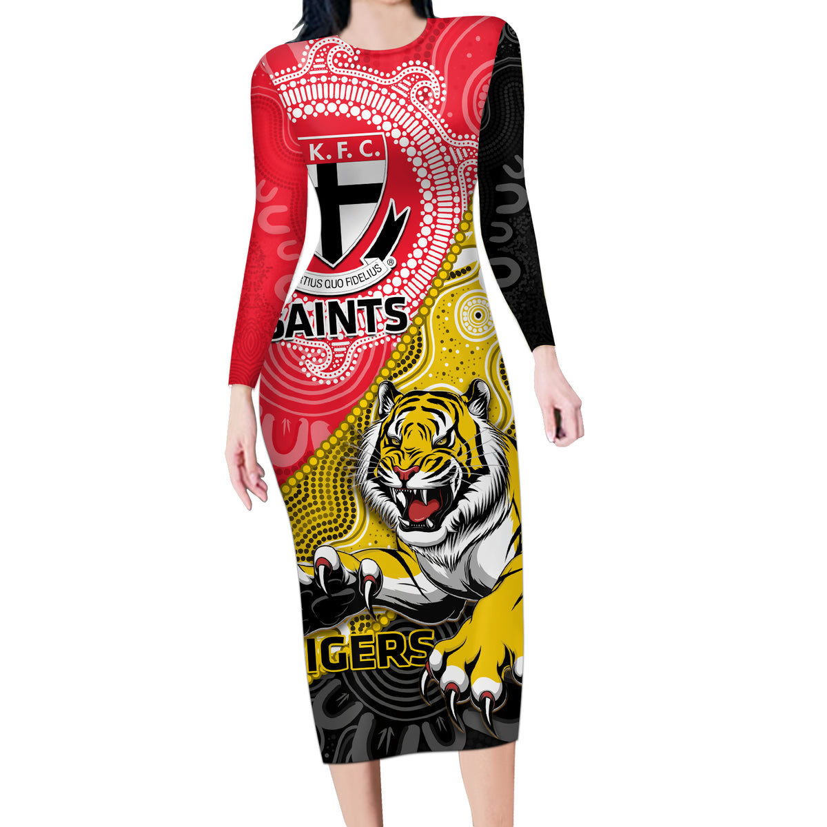 Personalised Richmond And St Kilda Football Long Sleeve Bodycon Dress Tigers Saints Together Aboriginal Art