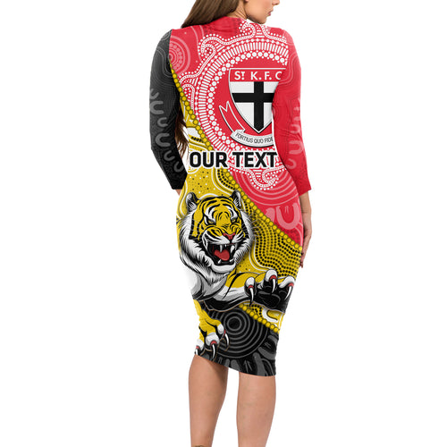 Personalised Richmond And St Kilda Football Long Sleeve Bodycon Dress Tigers Saints Together Aboriginal Art