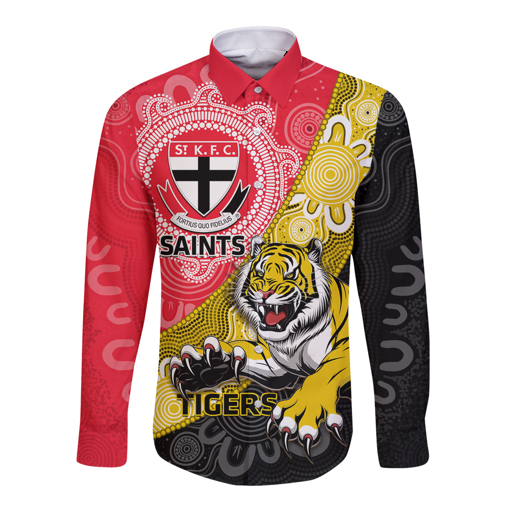 Personalised Richmond And St Kilda Football Long Sleeve Button Shirt Tigers Saints Together Aboriginal Art