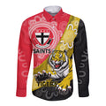 Personalised Richmond And St Kilda Football Long Sleeve Button Shirt Tigers Saints Together Aboriginal Art