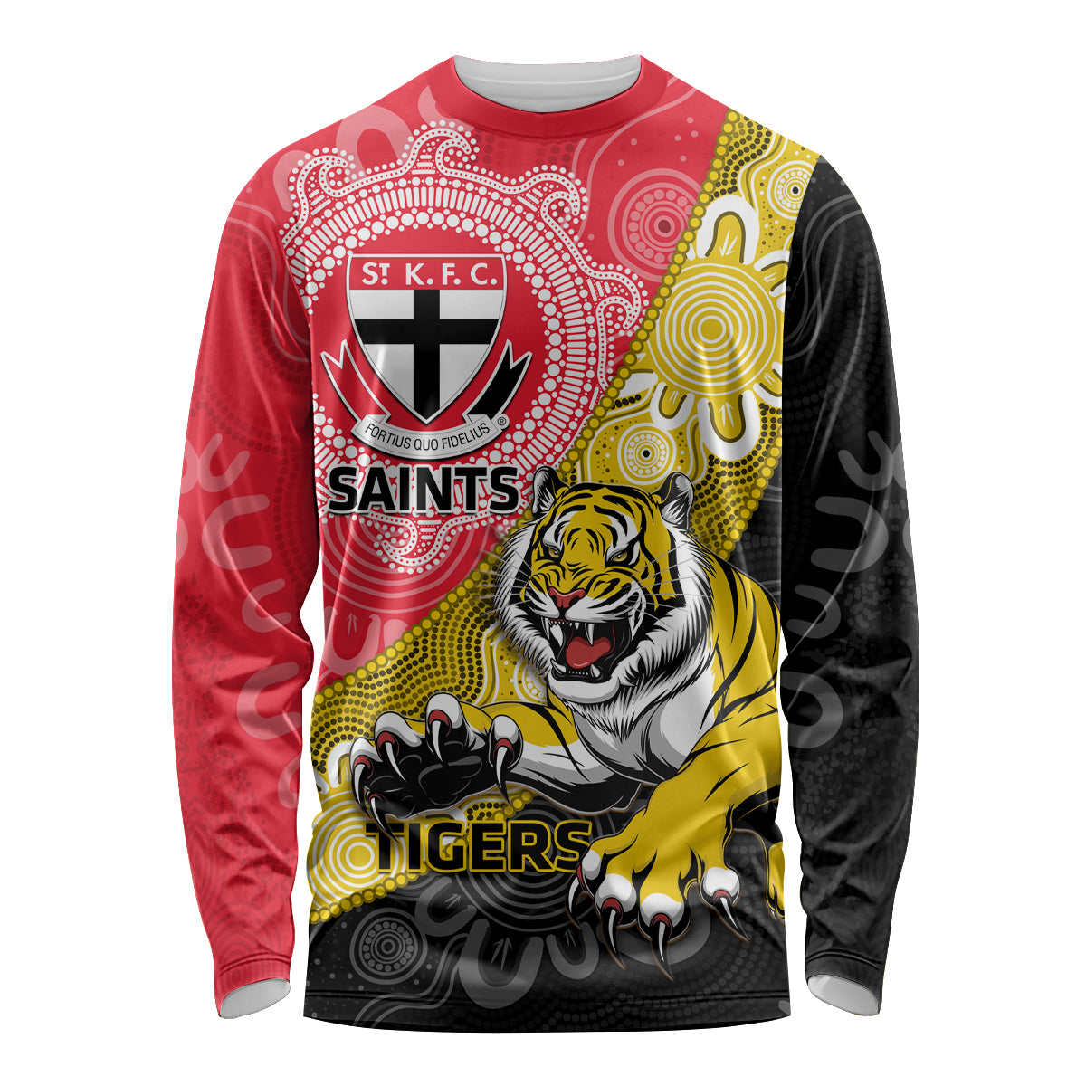 Personalised Richmond And St Kilda Football Long Sleeve Shirt Tigers Saints Together Aboriginal Art