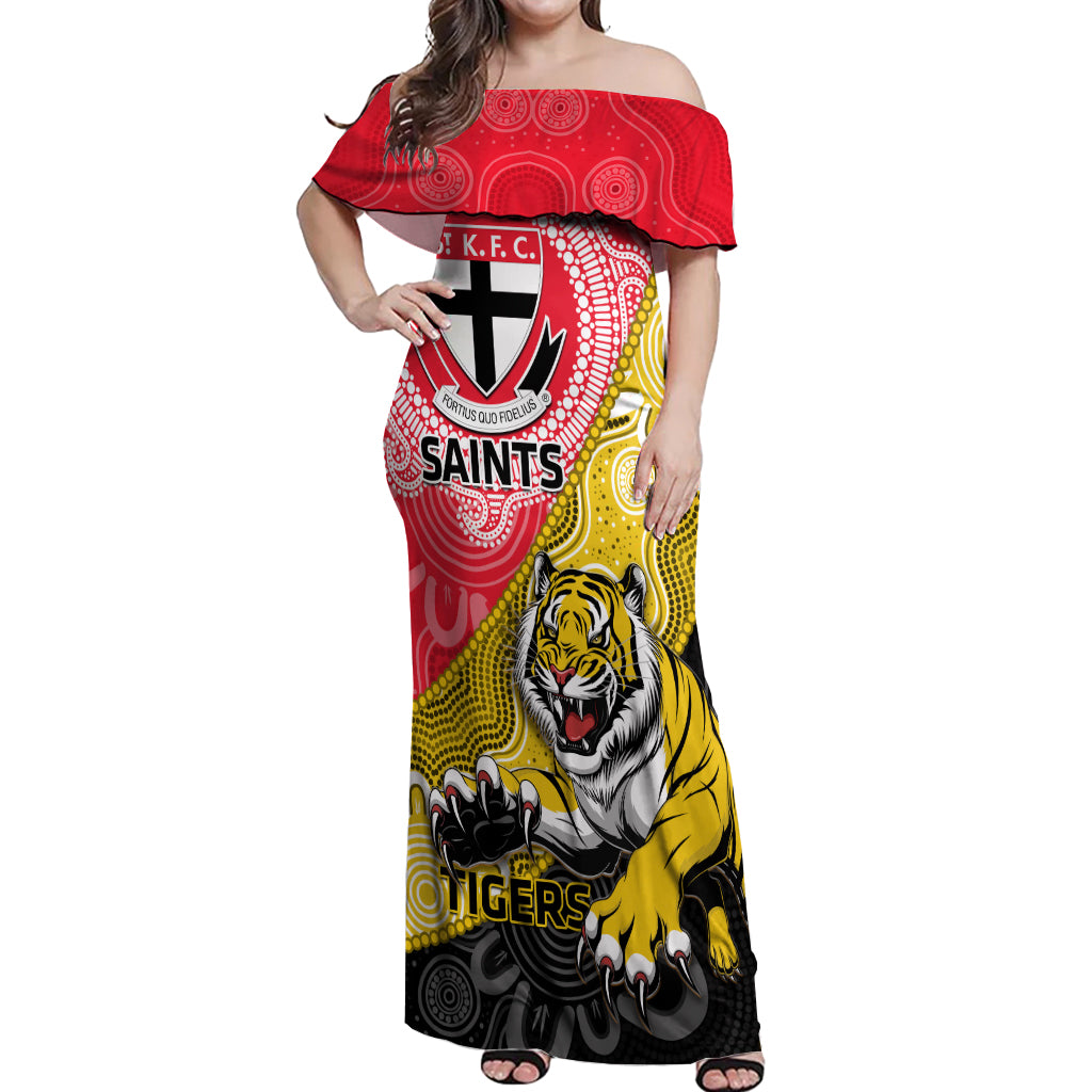Personalised Richmond And St Kilda Football Off Shoulder Maxi Dress Tigers Saints Together Aboriginal Art